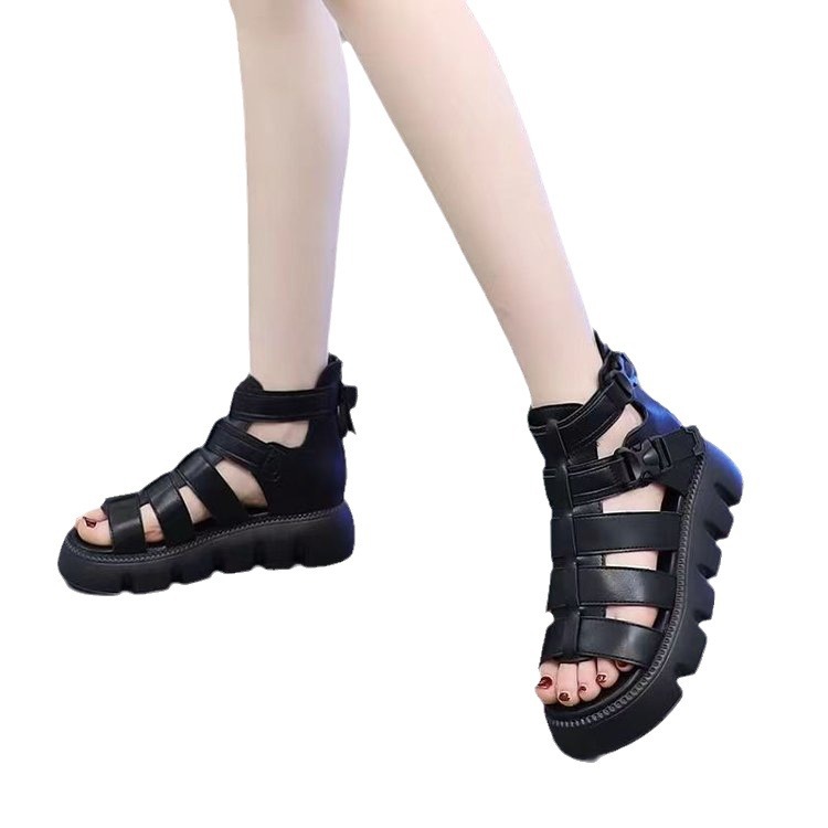 Sandalias romanas de plataforma de cuero para mujer, nuevo estilo de verano 2024, zapatos de tacón grueso con punta abierta y diseño hueco, que aumentan la altura y adelgazan.