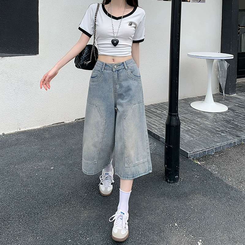 2025 новые американские укороченные джинсовые шорты с эффектом потертости для женщин, летние новые свободные прямые широкие брюки средней длины, модные