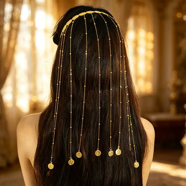 New cross-border headwear: Kurdish gold coin chain tassel long headband head chain for women's party hair accessories