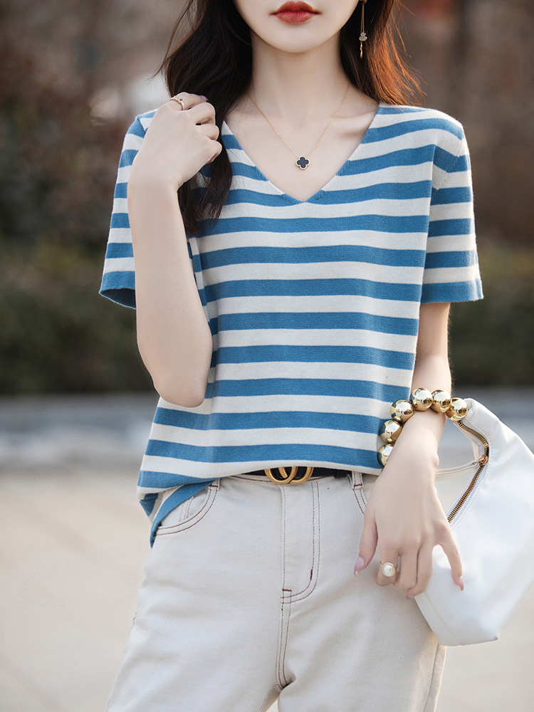 Women's Horizontal Stripe V-Neck Age-reducing Knitted Short-sleeved Lazy Loose Casual Spring and Summer New All-cotton Pullover T-shirt for Women