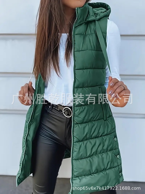 跨境爆款欧美2025亚马逊外贸纯色连帽拉链棉马甲外套女装中长款女|undefined