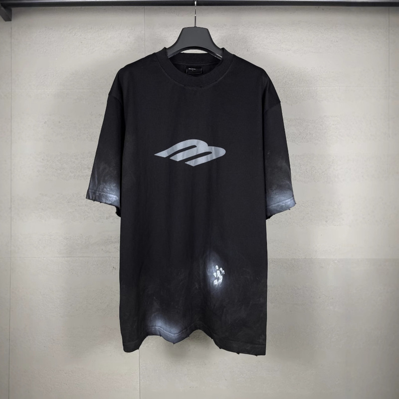 Paris Correct Version Front 3B Mud Hand-painted Washed Old Sports Loose Men's and Women's Short-sleeved T-shirt