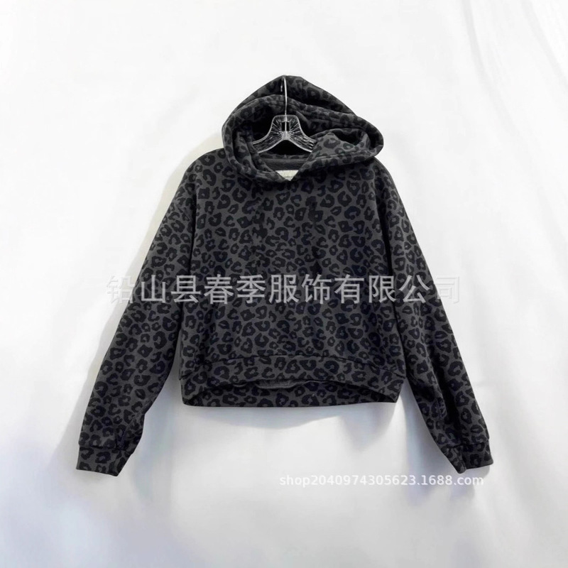 秋季新款美式豹纹数码印花连帽衫宽松套头加绒卫衣|undefined