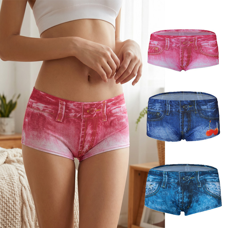 Foreign Trade Exclusively for Women's Boxer Briefs, Milk Silk Printed Denim Underwear, Comfortable, Breathable, Stretchy, Sexy Shorts for Women