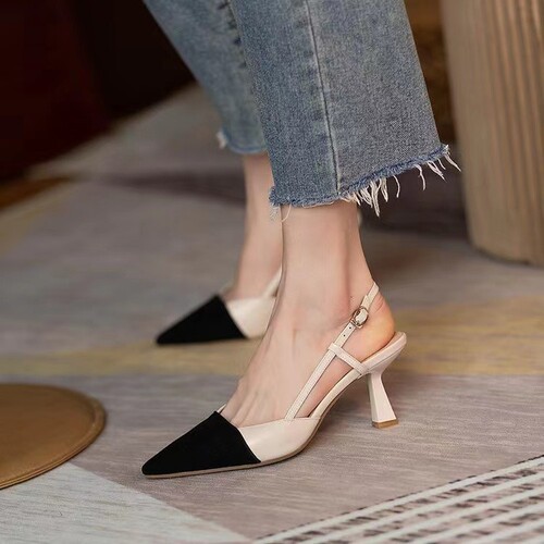 Summer Baotou sandals, French-style color-blocked Chanel-inspired stilettos with a pointed toe and delicate ankle strap.