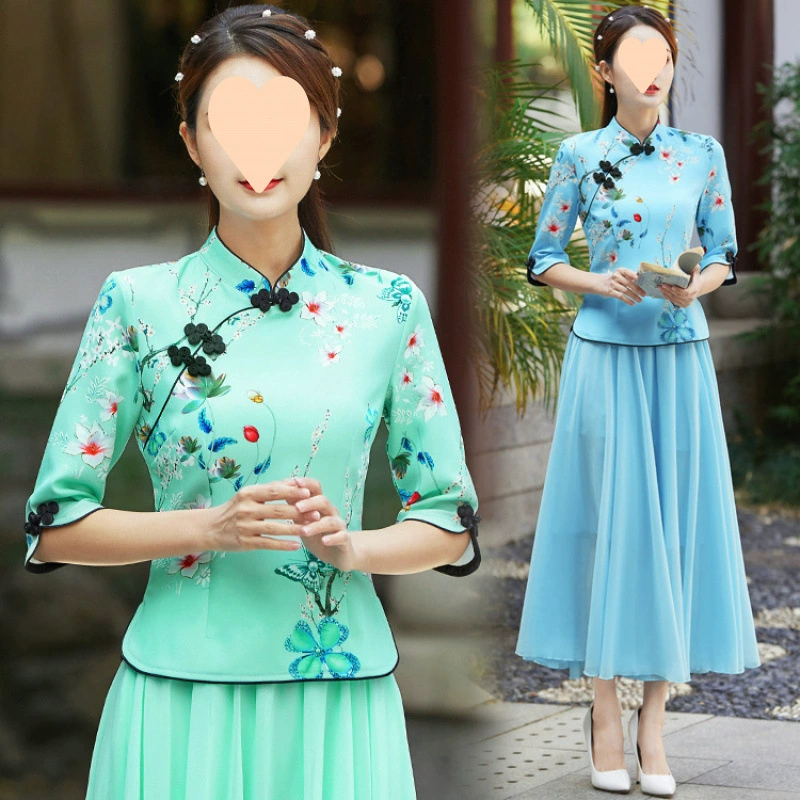 Весенне-летний новый улучшенный топ Cheongsam, китайский костюм династии Хань, китайский стиль, литературный ретро, ​​костюм Тан из двух частей, чайный костюм