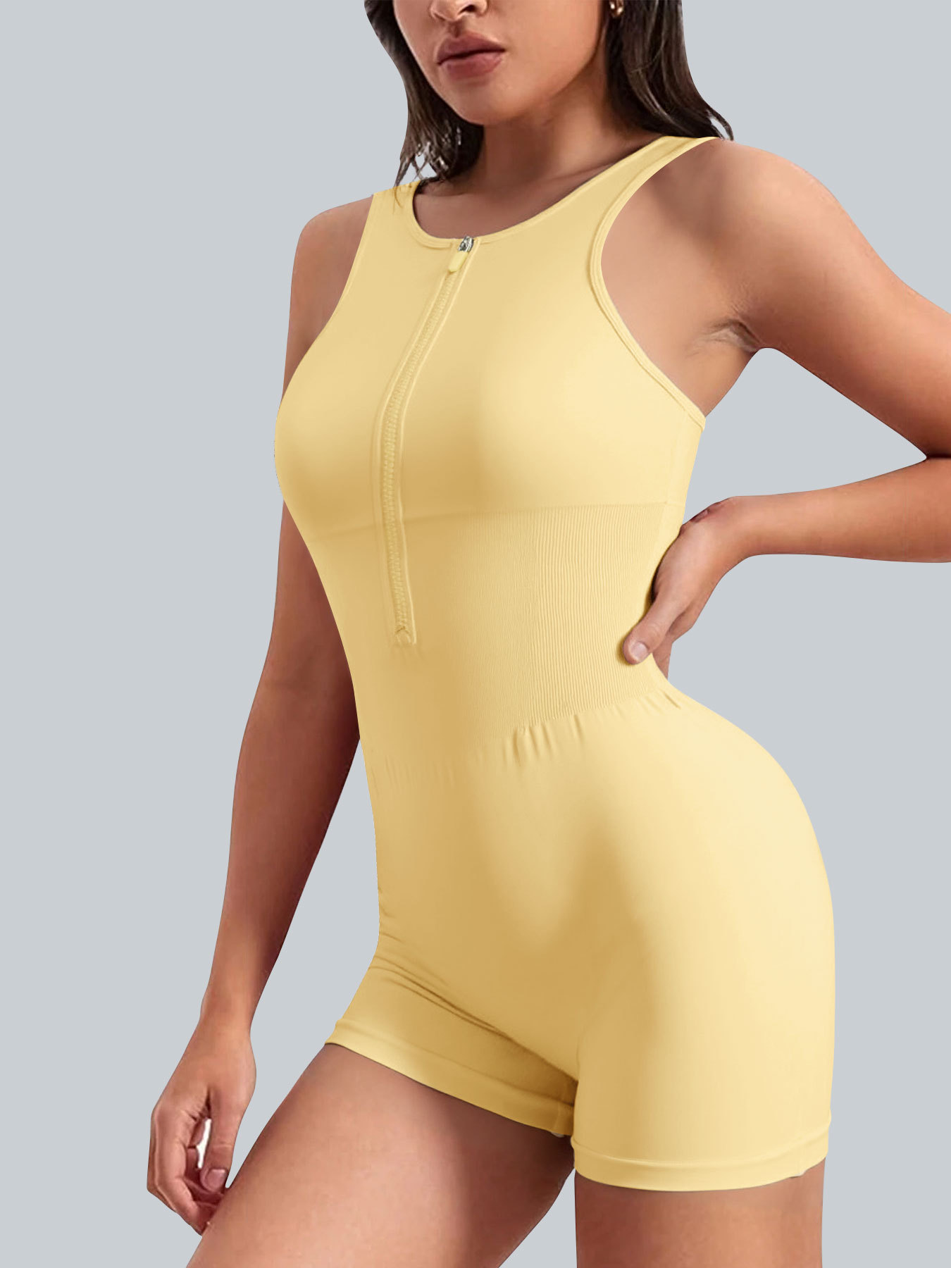 Mono corto con cremallera estilo europeo y americano, para danza, fitness, deportes, body ajustado, sexy, para yoga, con almohadillas en el pecho.