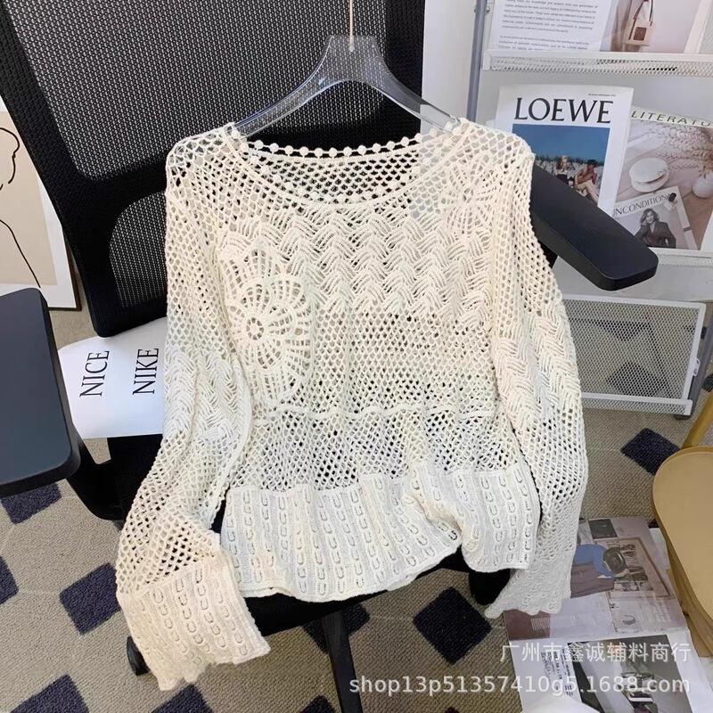 Bohemian Lace Cut Out Sun Protection Blouse for Women Summer Ethnic Style Outer Mesh Knitted Air-Conditioning Shirt Thin Top
