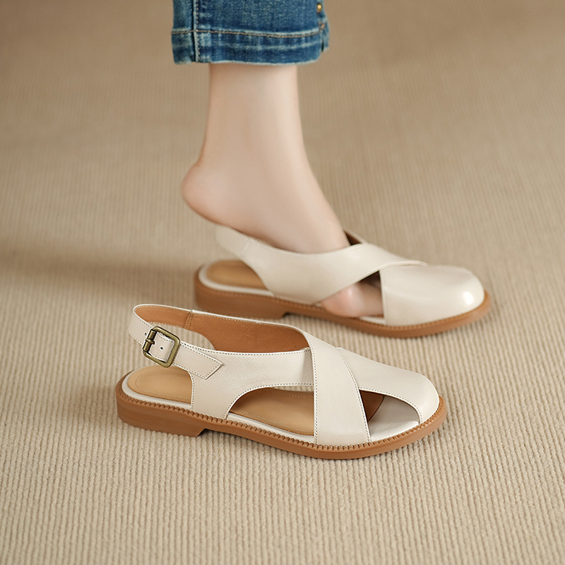 Dép sandal nữ quai chữ V đơn giản da bò mềm đế bệt — màu hồng