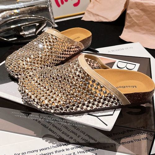 2025 Summer Water Diamond Full Diamond Fishing Net Toe Cap Big Toe Cap Half Slippers Sandals Tobuck Shoes Flat Bottom Women's Shoes 