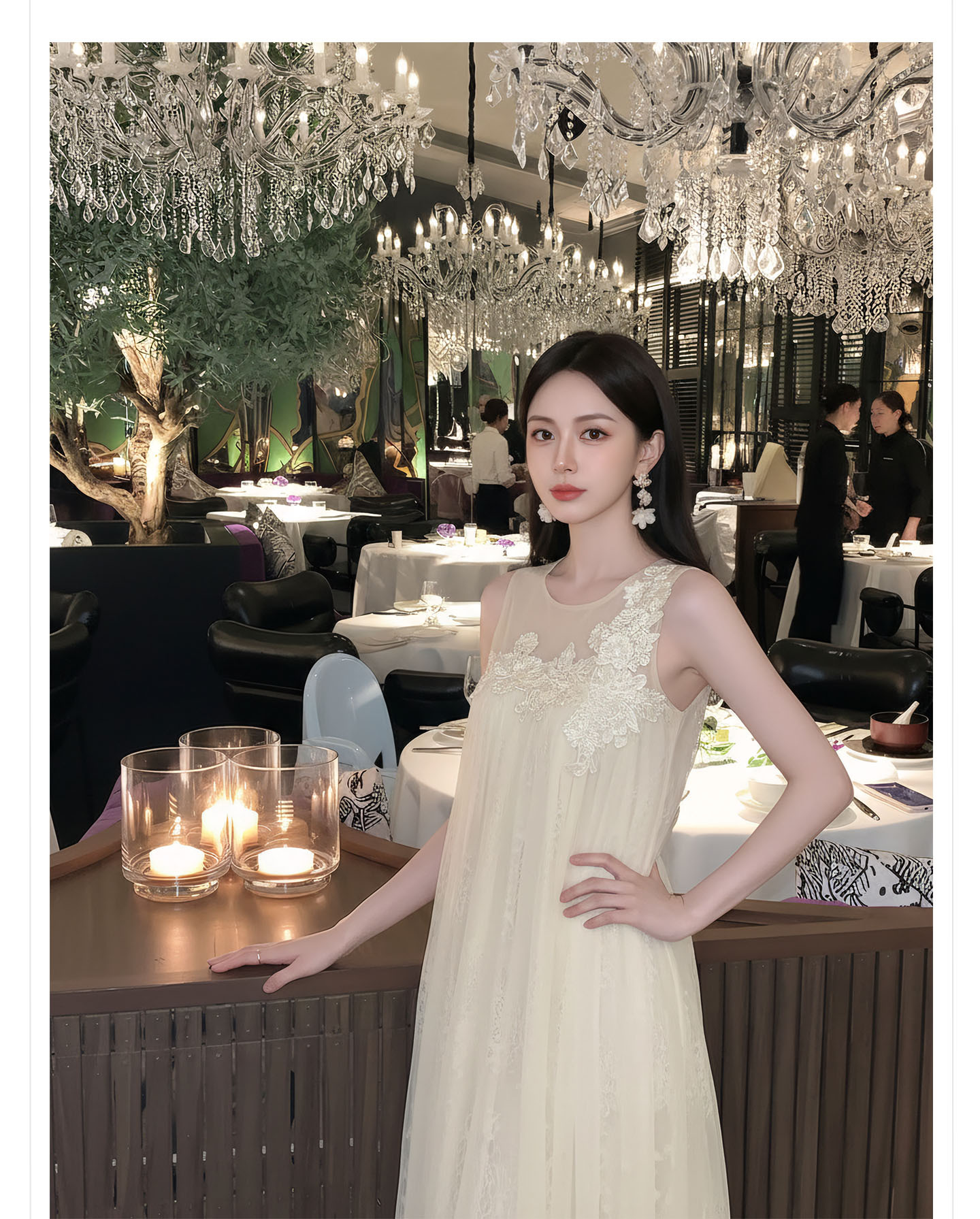 Đầm maxi nữ thắt eo ren hoa nổi lãng mạn phong cách nghỉ dưỡng — màu trắng ngà chi tiết 2
