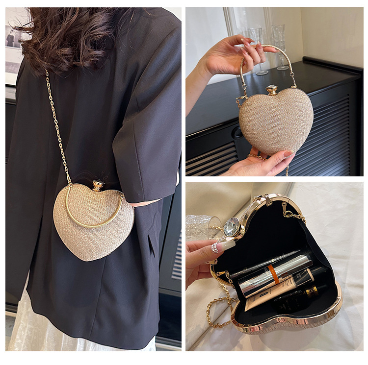 Borsa a tracolla diagonale in metallo con intarsi di diamanti a forma di cuore di pesca, da sera, da donna, nuova_voghion.com