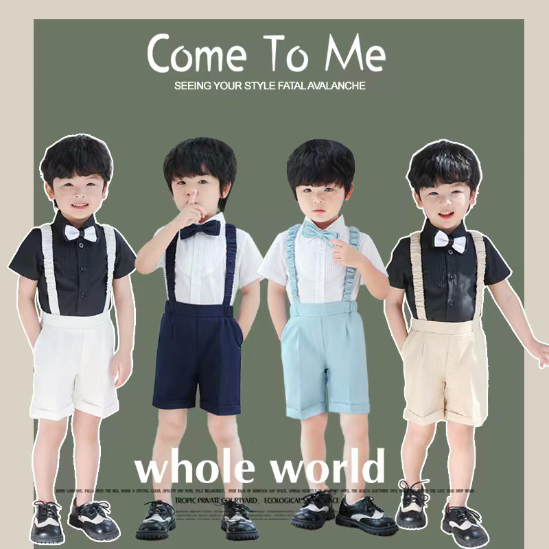 兒童背帶褲套裝夏季男童西裝寶寶周歲演出兒童禮服嬰幼兒小童帥氣