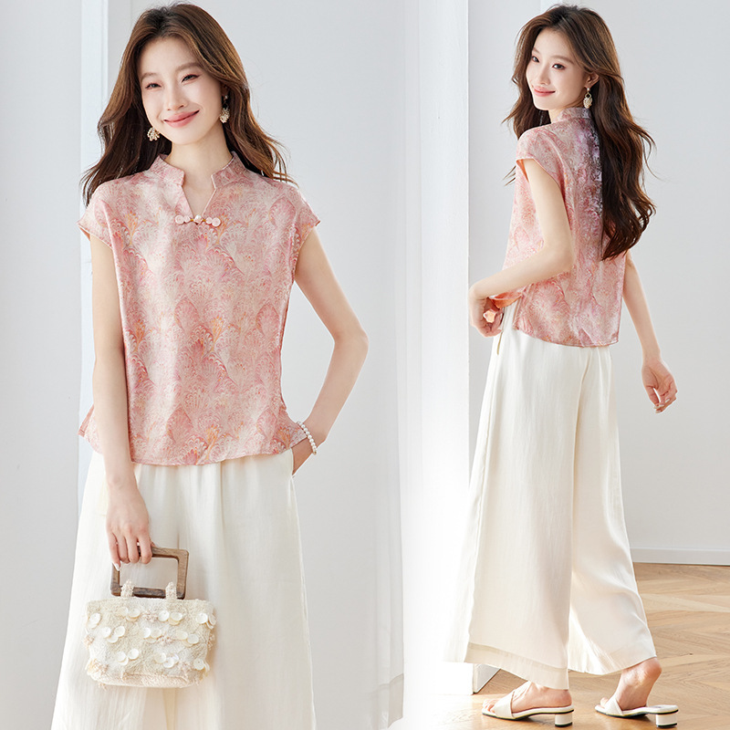 Petite Women's Two-Piece Set with Wide-Leg Pants, Summer 2026 New Style Casual Pants, Slimming Jacquard Top, New Chinese Style Set Petite Women's Two-Piece Set with Wide-Leg Pants, Summer 2026 New Style Casual Pants, Slimming Jacquard Top, New Chinese Style Set