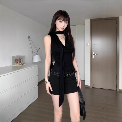 American style spicy girl swing dress for women, summer sexy black dress, mature style long-sleeved black bustier short skirt