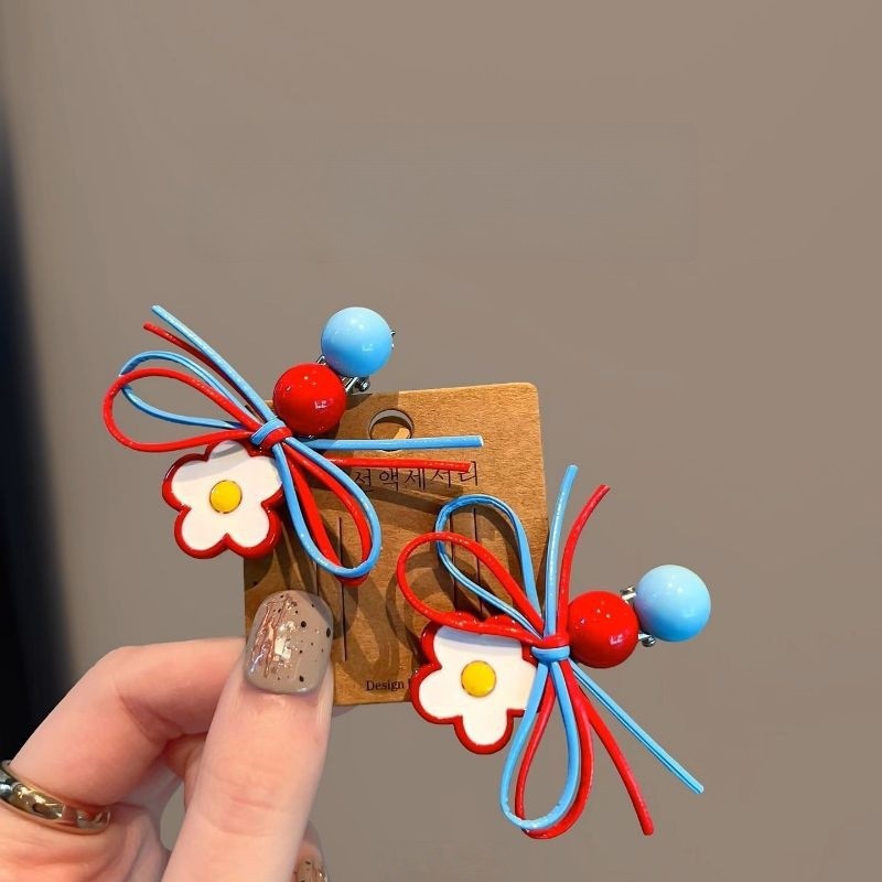 Korean Dongdaemun Sweet Red And Blue Color-Block Flower Bow Bangs Clip For Girls Tie Hairpin Hair Accessory_voghion.com