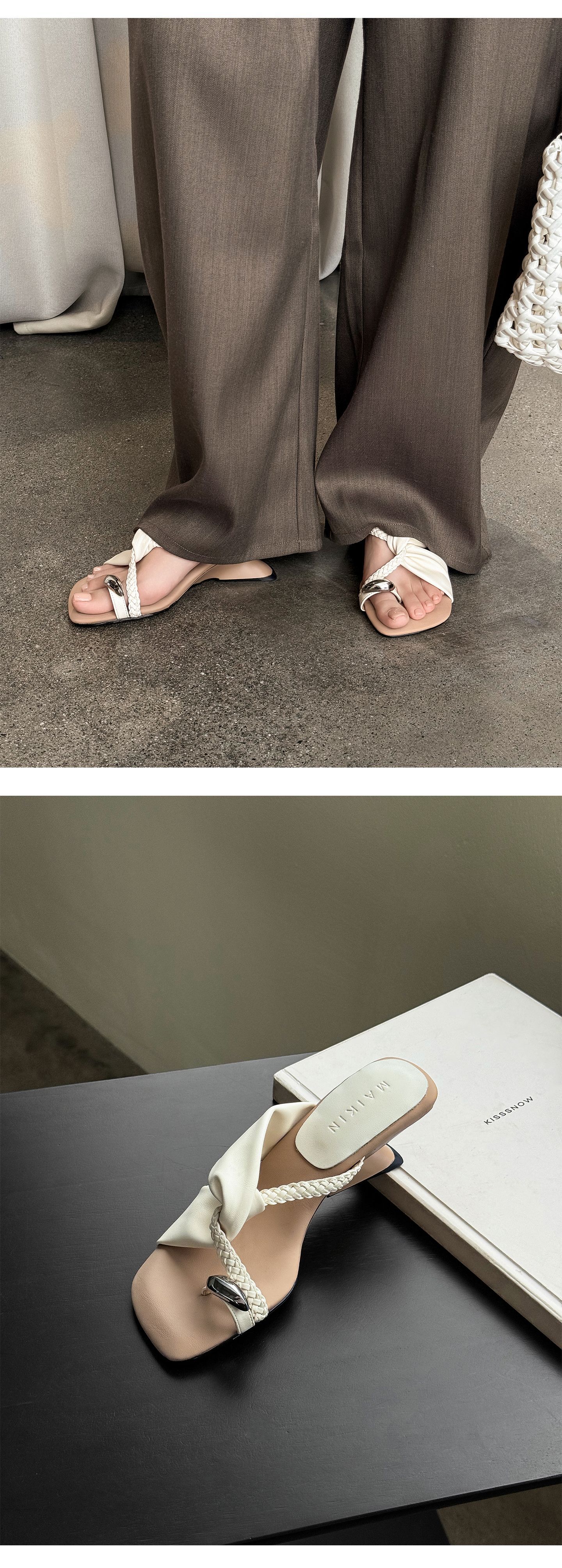 Dép sandal nữ xỏ ngón đế bệt mũi vuông, quai chữ T da thật đan chéo, phong cách thanh lịch — Chấm bi trắng, màu nâu, màu trắng ngà chi tiết 12