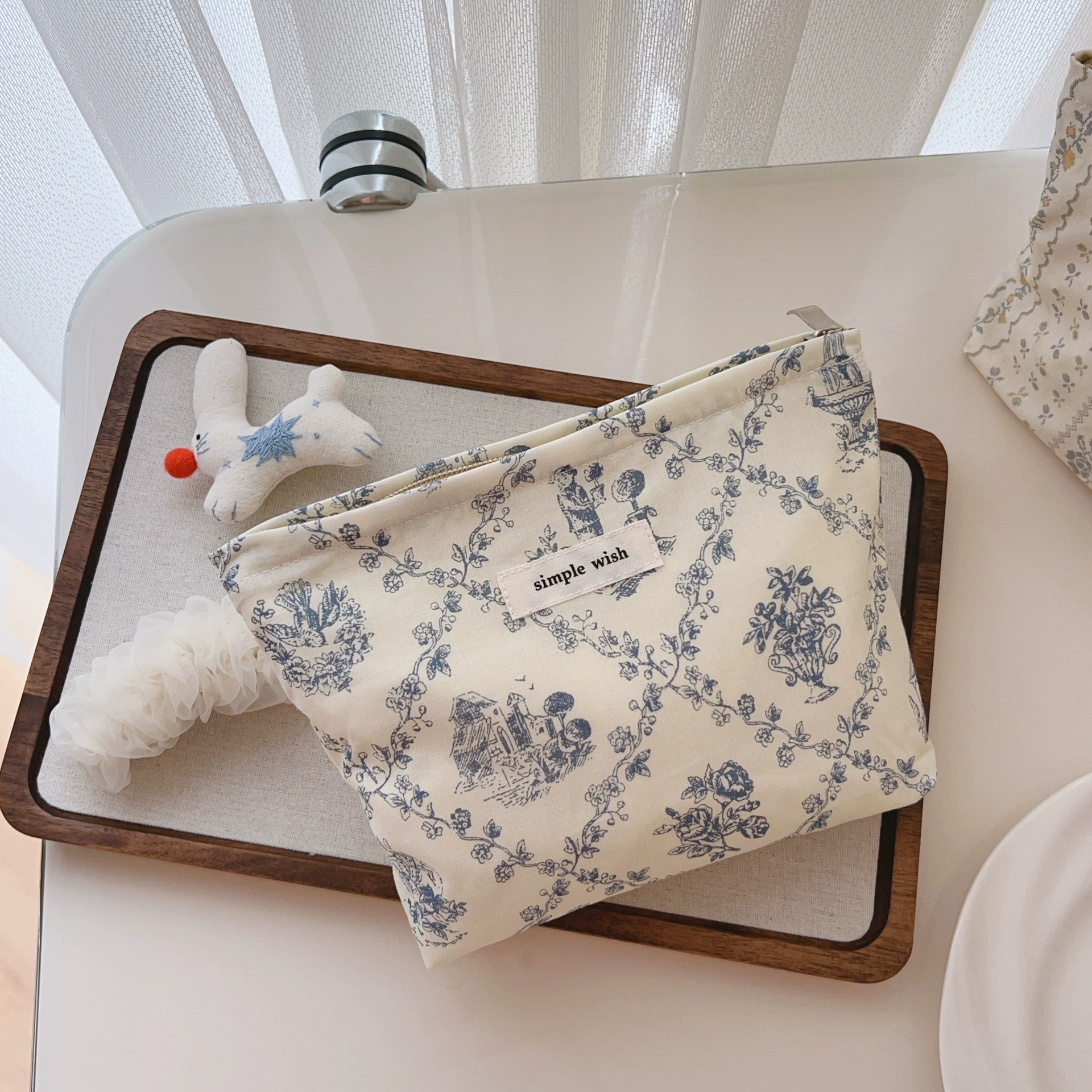 【Suxibu Bag】Корейская версия простая и элегантная белая подложка, литературный синий принт хлопковая ткань маленький косметичка косметичка для мобильного телефона