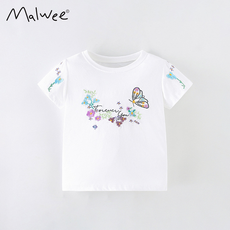 Malwee niñas de manga corta verano nuevo estilo europeo y americano niños pequeños y medianos cuello redondo casual linda niña camiseta top