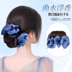 新款假发女抓夹丸子头蓝色发圈增发量饱满发型盘发花苞丸子头发饰