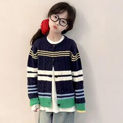 女童毛衣外套春秋款2025新款儿童宽松百搭条纹上衣秋季女孩针织衫