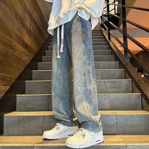 American style trendy brand denim jeans for men, spring and autumn straight leg loose wide leg casual long pants, summer thin model