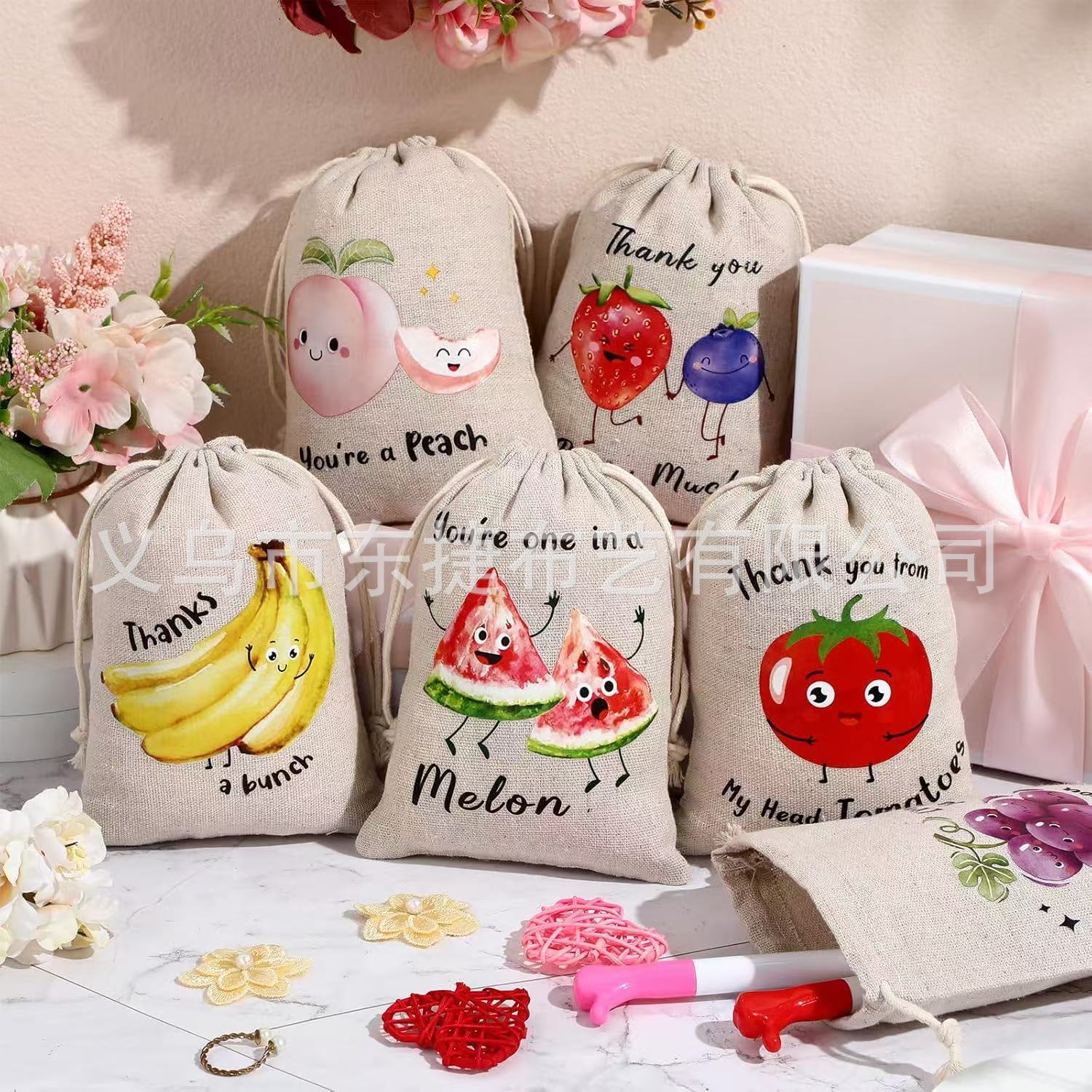 跨境新款节日送礼帆布束口抽绳袋节日派对首饰袋糖果袋礼品包装袋