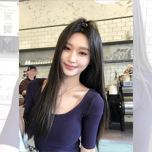 Hot Girl Dark Blue Round Neck Square Neck Short Sleeve Shoulder T-shirt Women's Summer Small Size High Waist Short Style Top 