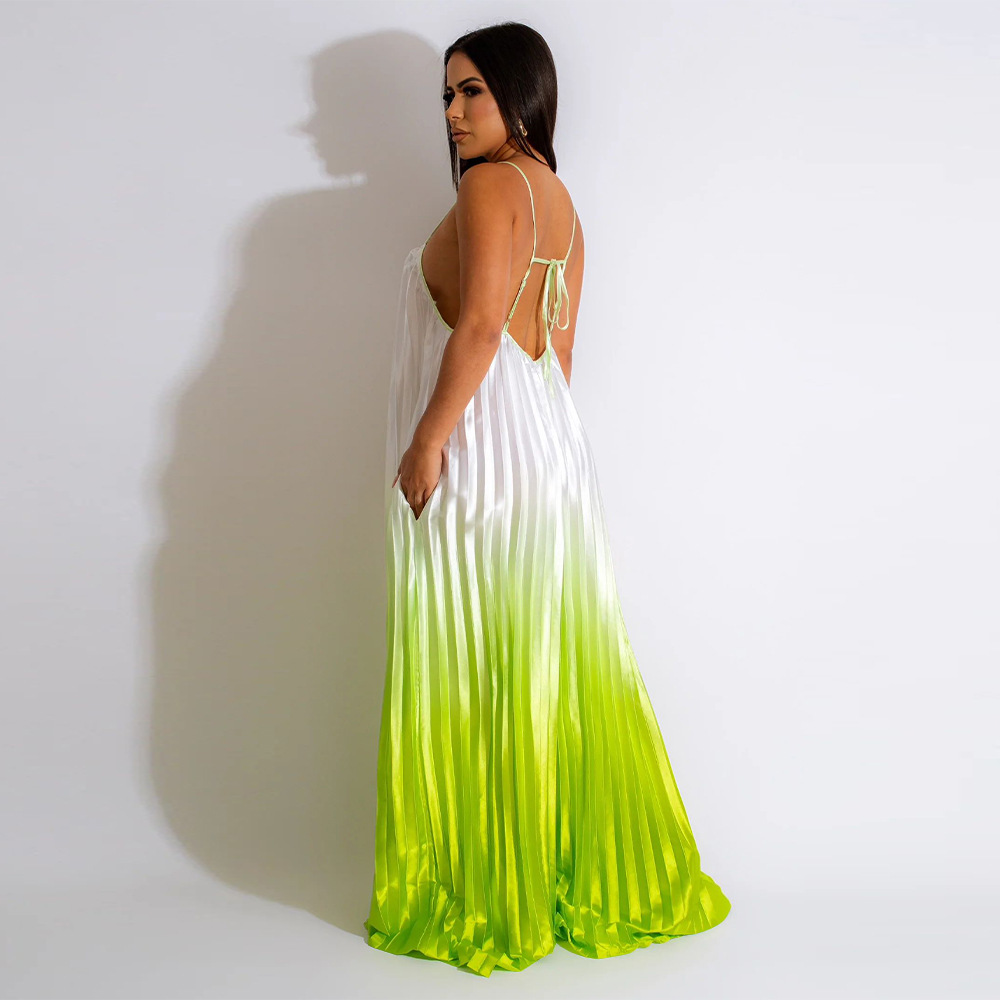 Women Clothing Sexy Deep V Plunge Sling Backless Wide Leg Pants Gradient Jumpsuit