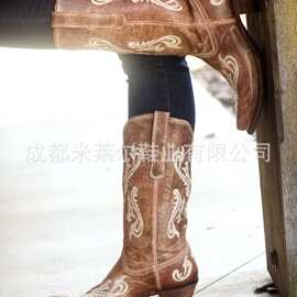 外贸新款女尖头人造PU复古女式皮靴套筒骑士靴防滑罗马靴中跟女鞋