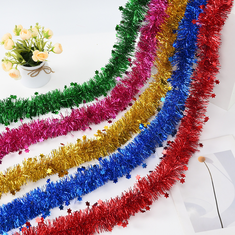 Rayas de lana de Navidad transfronterizas Vestido de Año Nuevo 7cm rayas de color de cifrado de estrella de cinco puntas Garland color brillante con decoración de fiesta