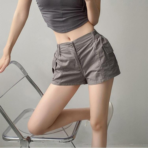Vintage American Washed Work Shorts Military Green Elastic Waist Stretch Pockets Versatile Sports Dancing Five-Finger Hot Pants