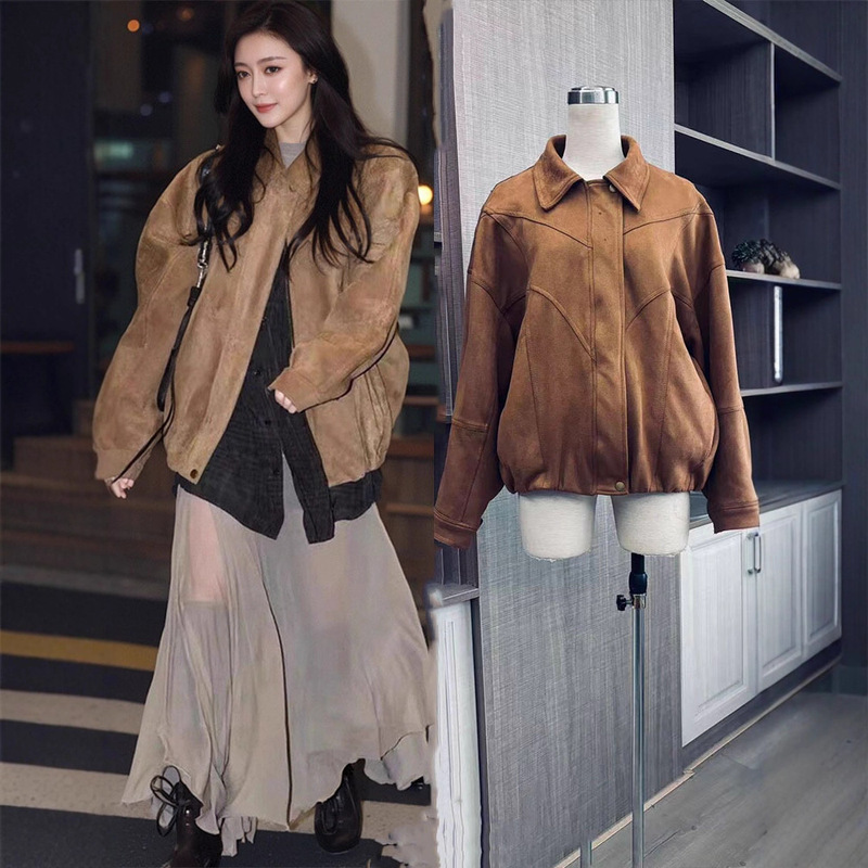 In Stock Jennie Kim Ji-Ni Same Style 2025 New Melard Brown Suede Jacket Women's Loose Lapel Jacket