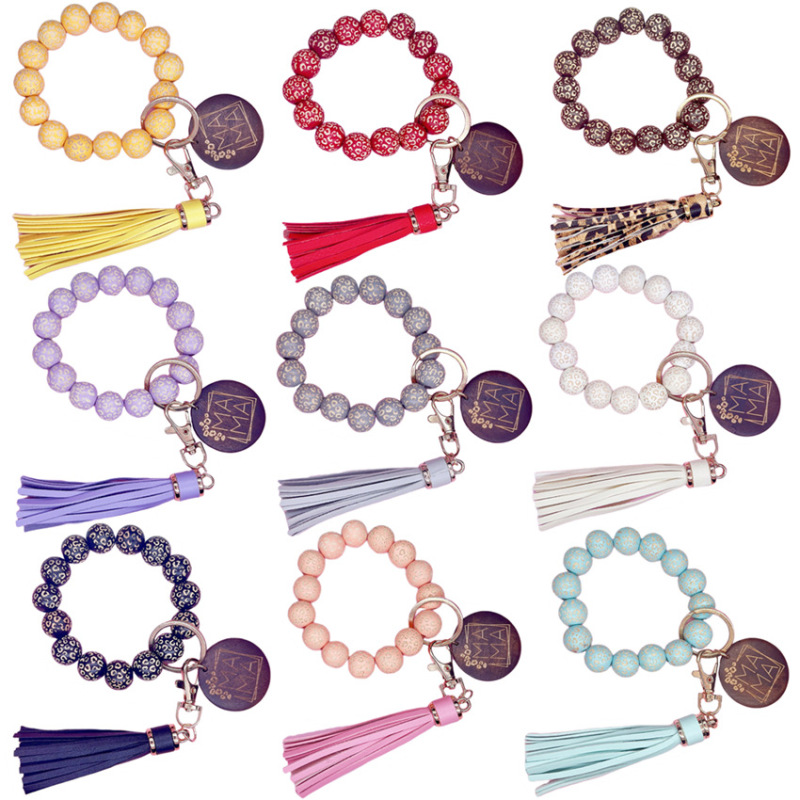 2022 new spot wooden bracelet keychain women's PU tassel bag pendant popular MAMA bracelet pendant