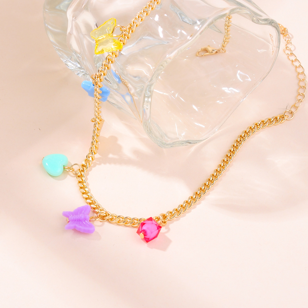 Cute Heart Shape Butterfly Iron Plating Acrylic Womenu0027S Necklace