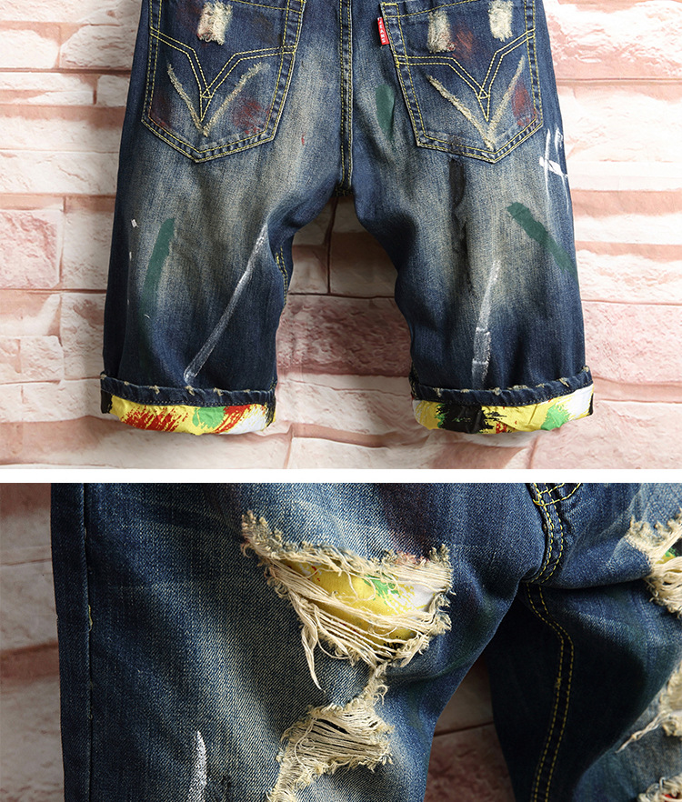 Men's torn denim shorts, five piece slim fitting straight tube pants, large size, trendy men's clothing_voghion.com