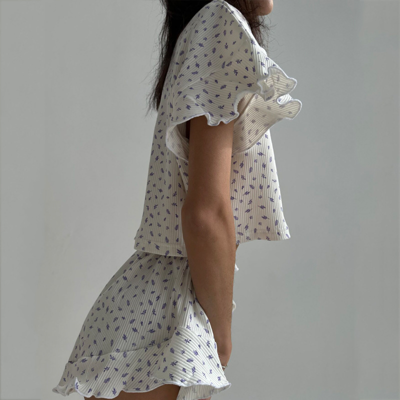 Summer Ladies Casual Printing Suit Ruffled Short Sleeve round Neck Shorts Pajamas Two Piece Set