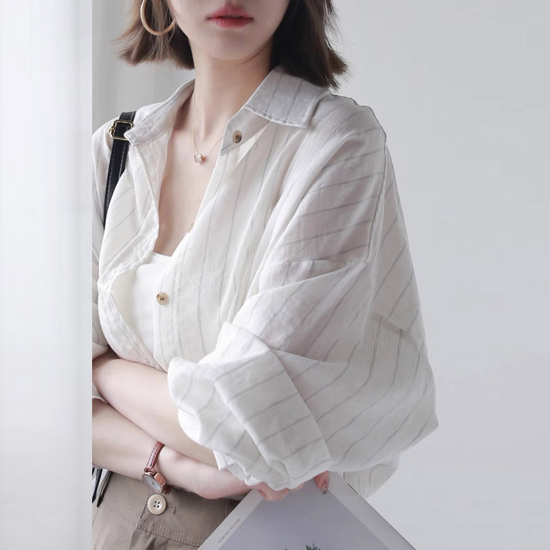 Warm02025春秋夏季宽松防晒衣条纹棉麻长袖衬衫女中长款外穿上衣|undefined