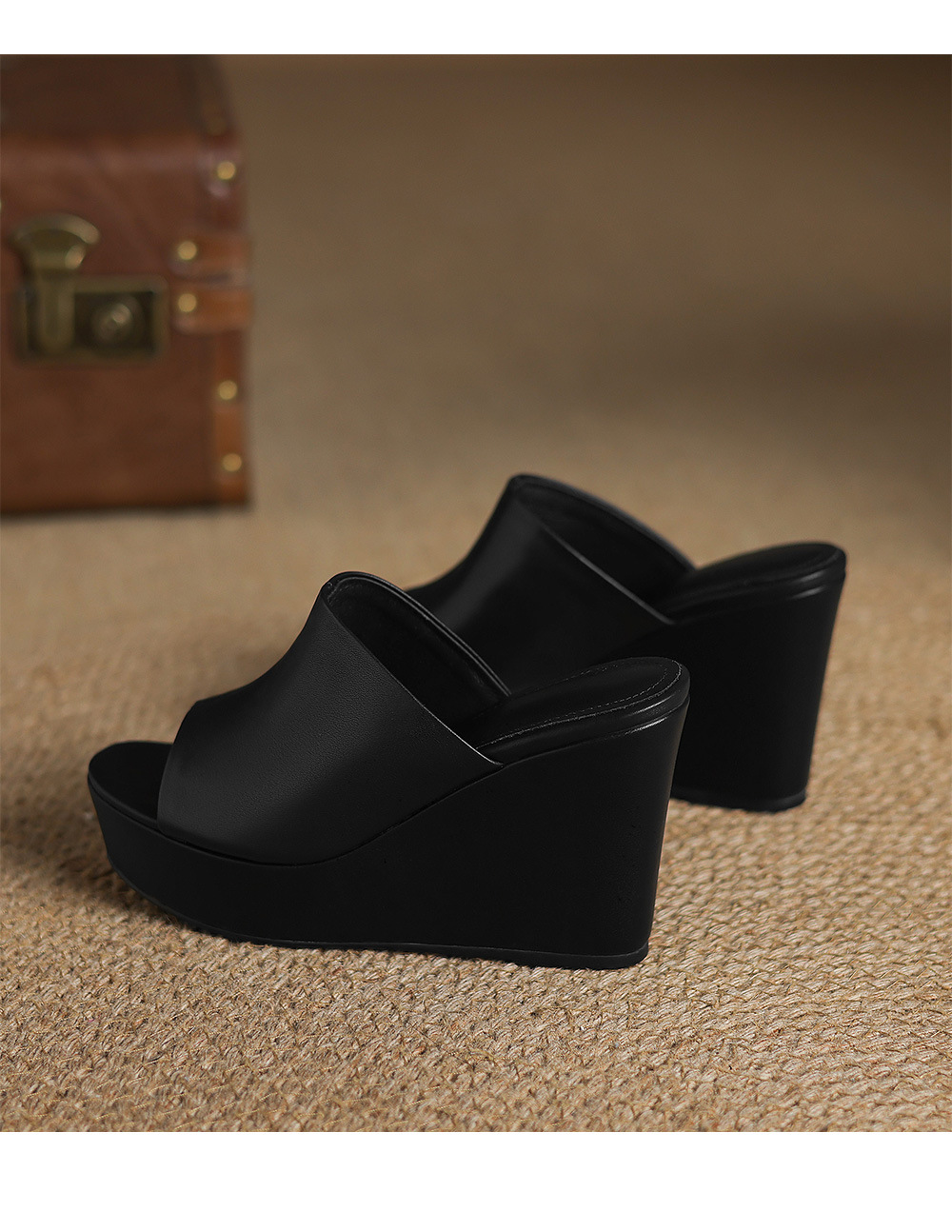Sandal cao gót đế xuồng nữ hở mũi quai ngang gót 10 cm — Đen [da cừu] chi tiết 17