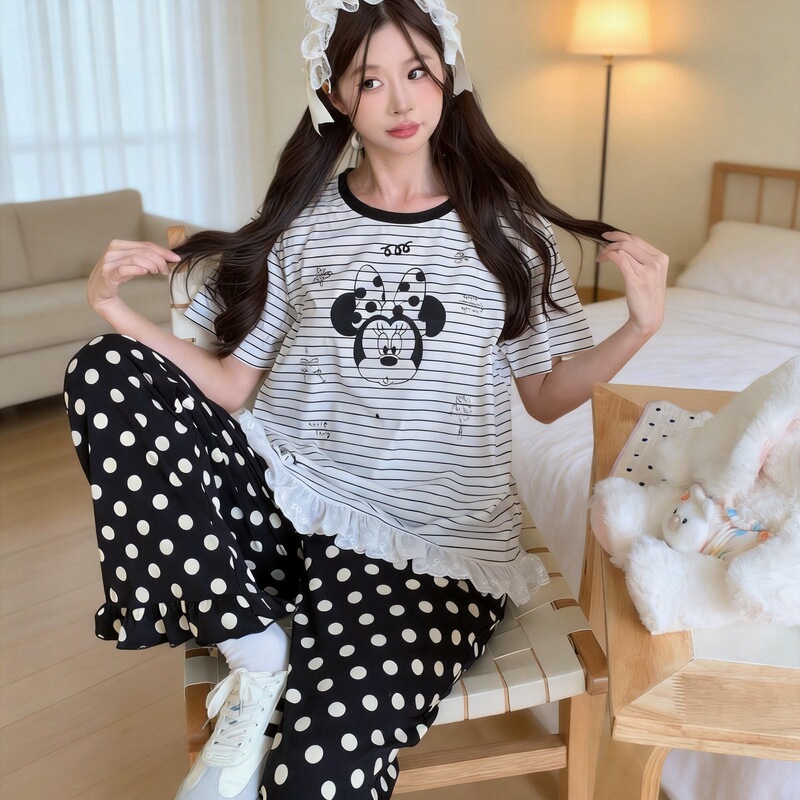 Cute Style Minnie Cartoon Pajamas for Women Summer Pure Cotton Striped Short-Sleeved Long Pants Polka Dot Home Wear Set