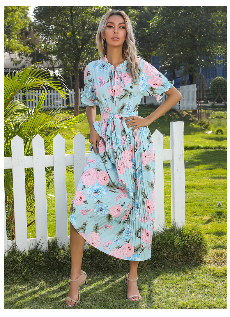 printed ruffled short-sleeved double drawstring pleated dress NSYYF61477