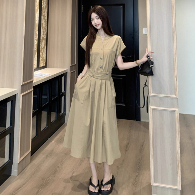 Khaki Dress Women's Summer New Style Large Size Slightly Fat mm Slim Waist High-End Accessible Luxury Elegant Long Skirt Khaki Dress Women's Summer New Style Large Size Slightly Fat mm Slim Waist High-End Accessible Luxury Elegant Long Skirt