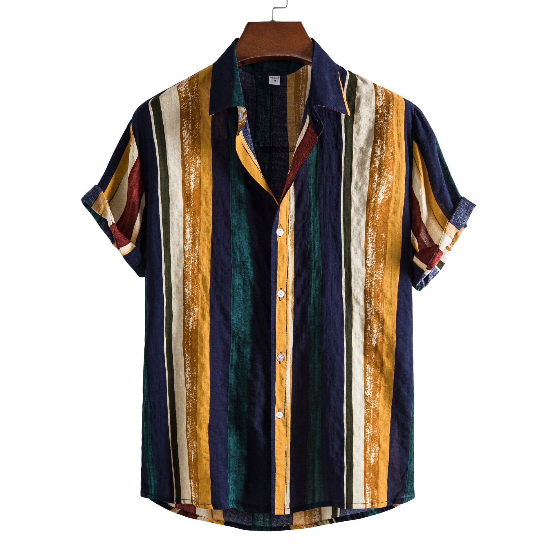 ForMen 2021 Foreign Trade Hawaiian European And American Men's Clothing Striped Print Short Sleeve Shirt For Men_voghion.com