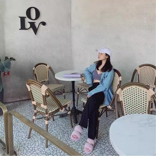 Outdoor onyx marble dining table French café restaurant milk tea shop bed and breakfast vintage wicker furniture set