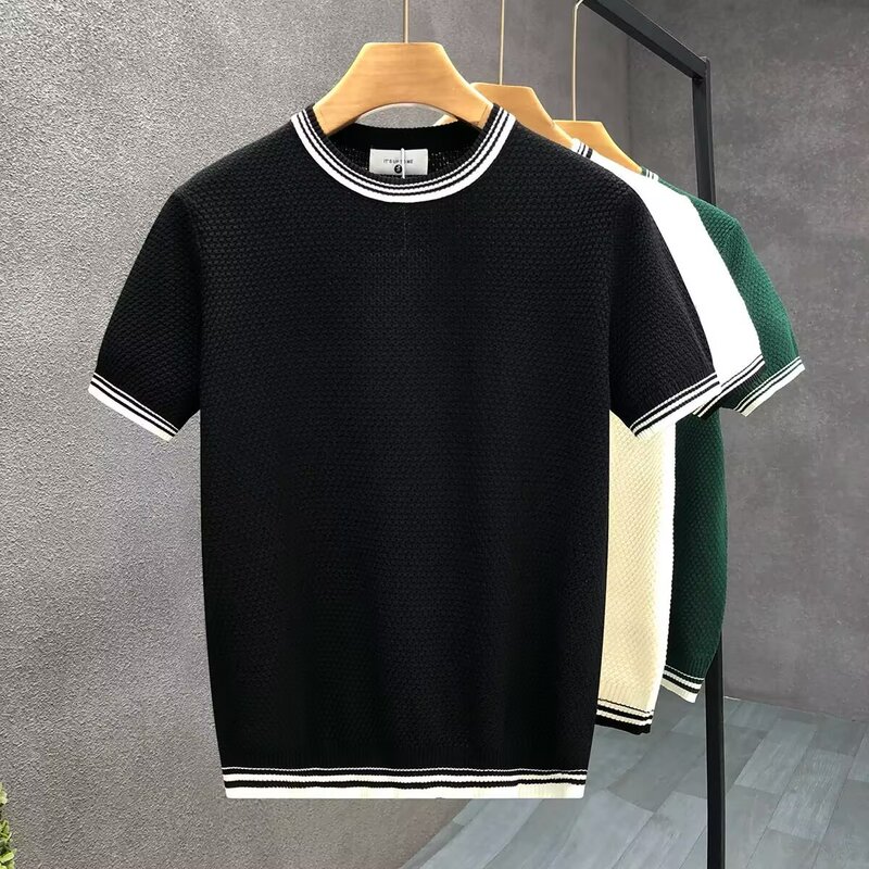 Factory Direct Sales Cross-Border Summer Knitwear Men's Round Neck Cool Silk Youth Half-Sleeve Base Shirt Color-Blocked Slim-Fit Top Factory Direct Sales Cross-Border Summer Knitwear Men's Round Neck Cool Silk Youth Half-Sleeve Base Shirt Color-Blocked Slim-Fit Top