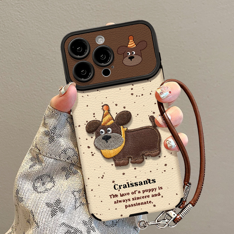刺绣小狗挂绳适用苹果15promax手机壳iphone16硅胶羊皮小米17防摔