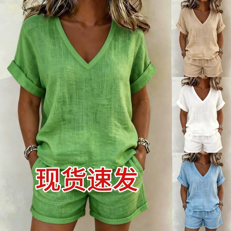 2026 European and American Cross-Border Amazon New V-Neck Short-Sleeved Elastic Shorts Set Casual Solid Color Two-Piece Women's Clothing