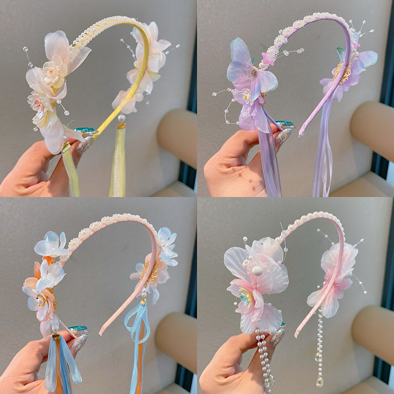 new ancient style glaze pearl headband children‘s hairpin flower ribbon tassel headband all-matching ancient costume fairy hair accessory