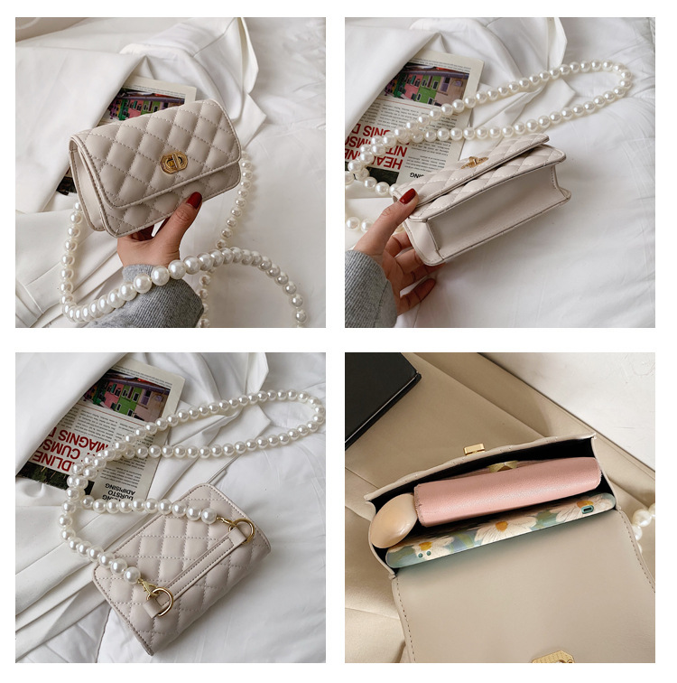 Candy Color Rhombus Embroidery Thread Pearl Chain Messenger Bag display picture 11