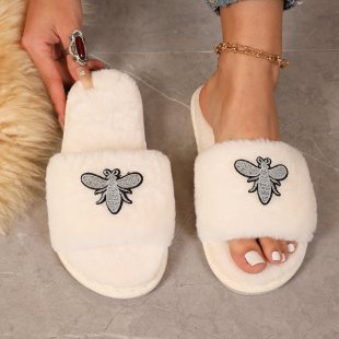 2025 Nuevo patrón de abeja de dibujos animados europeo y americano nuevo transfronterizo zapatillas de peluche rojo blanco negro ninguno